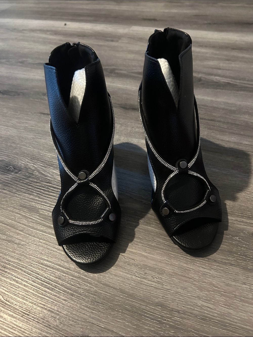 Women's Black Open-Toe Ankle Boots with Ring Accent
